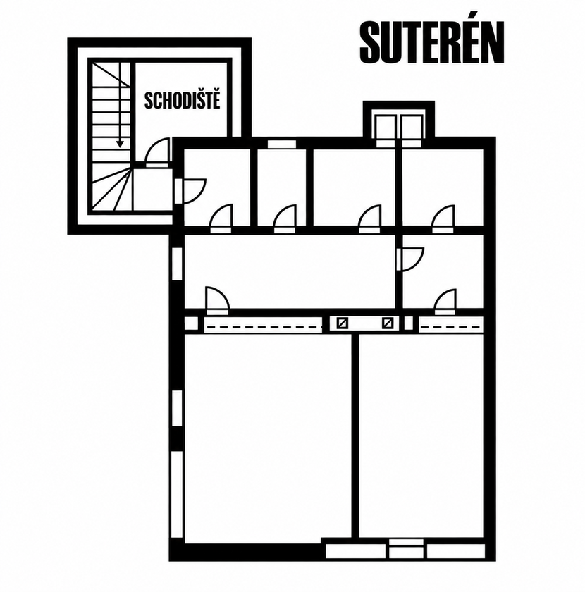 Půdorys – suterén, vila Rektorská 531/26, Praha 10 – Malešice